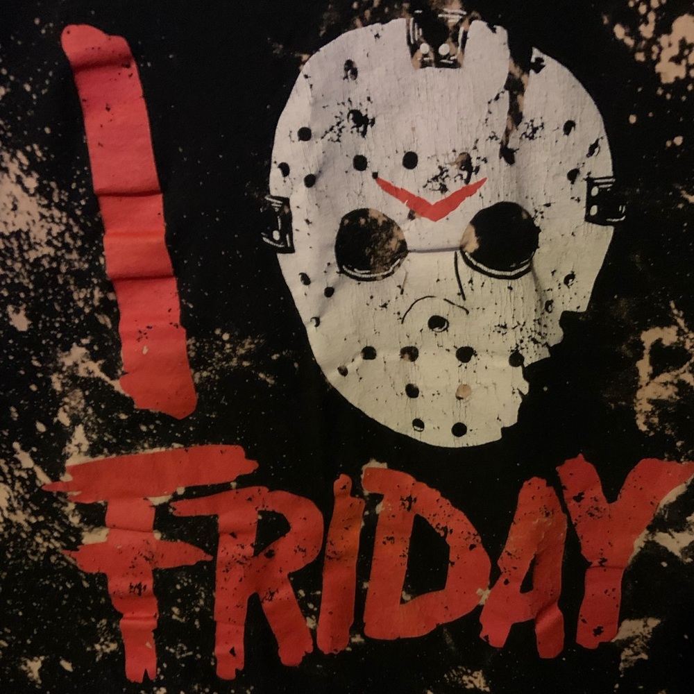 I love Friday Friday the 13th Jason Mask Bleach Splatter Tee shirt Size Large